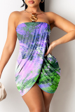Rose Red Sexy Print Patchwork Strapless Pencil Skirt Dresses