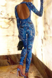 Blue Sexy Print Hollowed Out Patchwork Backless O Neck Skinny Jumpsuits