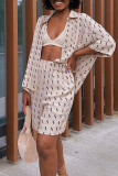 Cream White Casual Print Patchwork Buckle Turndown Collar Half Sleeve Two Pieces