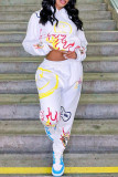 White Street Print Patchwork Hooded Collar Long Sleeve Two Pieces