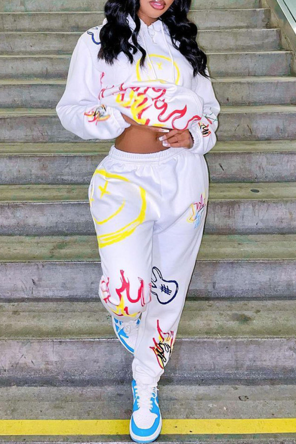 White Street Print Patchwork Hooded Collar Long Sleeve Two Pieces