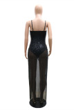Apricot Sexy Patchwork Sequins Backless Beading Spaghetti Strap Evening Dress
