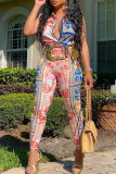 Red Fashion Sexy Casual Print Basic Turndown Collar Sleeveless Two Pieces