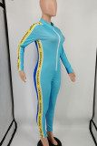 Sky Blue Casual Letter Print Patchwork Zipper Collar Skinny Jumpsuits