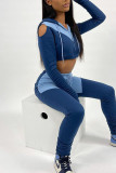 Blue Casual Solid Hollowed Out Patchwork Hooded Collar Long Sleeve Two Pieces
