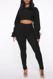 Black Fashion Casual Solid Bandage O Neck Long Sleeve Two Pieces