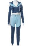 Blue Casual Solid Hollowed Out Patchwork Hooded Collar Long Sleeve Two Pieces