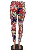 Red Street Print Tassel Patchwork Skinny High Waist Pencil Full Print Bottoms