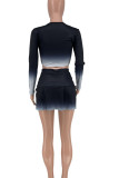 Red Casual Gradual Change Print Patchwork O Neck Long Sleeve Two Pieces