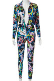 Multicolor Sexy Print Patchwork Asymmetrical Turndown Collar Long Sleeve Two Pieces