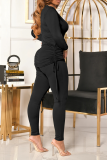 Red Casual Solid Draw String O Neck Long Sleeve Two Pieces