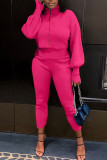 Rose Red Casual Solid Patchwork Zipper Turtleneck Long Sleeve Two Pieces