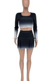 Red Casual Gradual Change Print Patchwork O Neck Long Sleeve Two Pieces