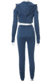 Blue Casual Solid Hollowed Out Patchwork Hooded Collar Long Sleeve Two Pieces