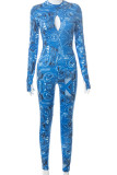 Blue Sexy Print Hollowed Out Patchwork Backless O Neck Skinny Jumpsuits