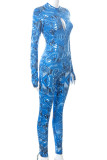 Blue Sexy Print Hollowed Out Patchwork Backless O Neck Skinny Jumpsuits