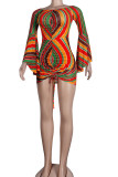 Multicolor Sexy Striped Print Split Joint Draw String Fold Asymmetrical O Neck Pencil Skirt Dresses