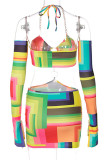 Colour Sexy Color Lump Print Hollowed Out Patchwork Frenulum Chains Backless Asymmetrical Halter Pencil Skirt Dresses
