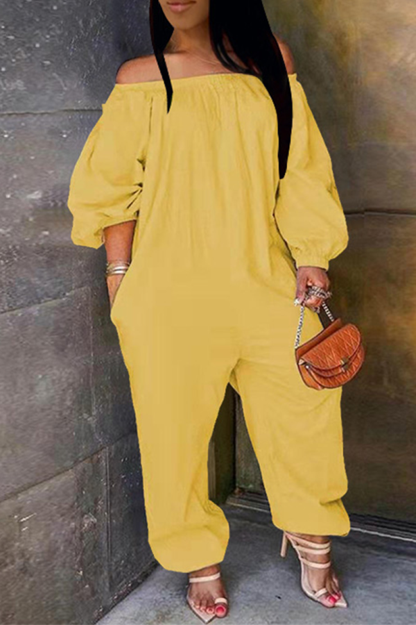 Yellow Casual Solid Patchwork Off the Shoulder Harlan Jumpsuits