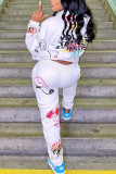 White Street Print Patchwork Hooded Collar Long Sleeve Two Pieces