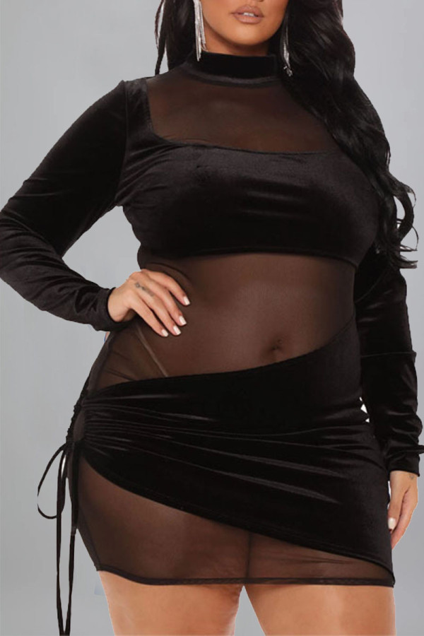 Black Sexy Solid Split Joint Frenulum See-through O Neck Pencil Skirt Plus Size Dresses
