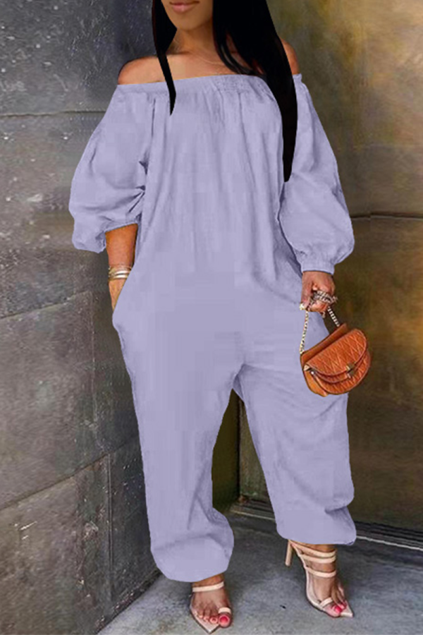 Purple Casual Solid Patchwork Off the Shoulder Harlan Jumpsuits