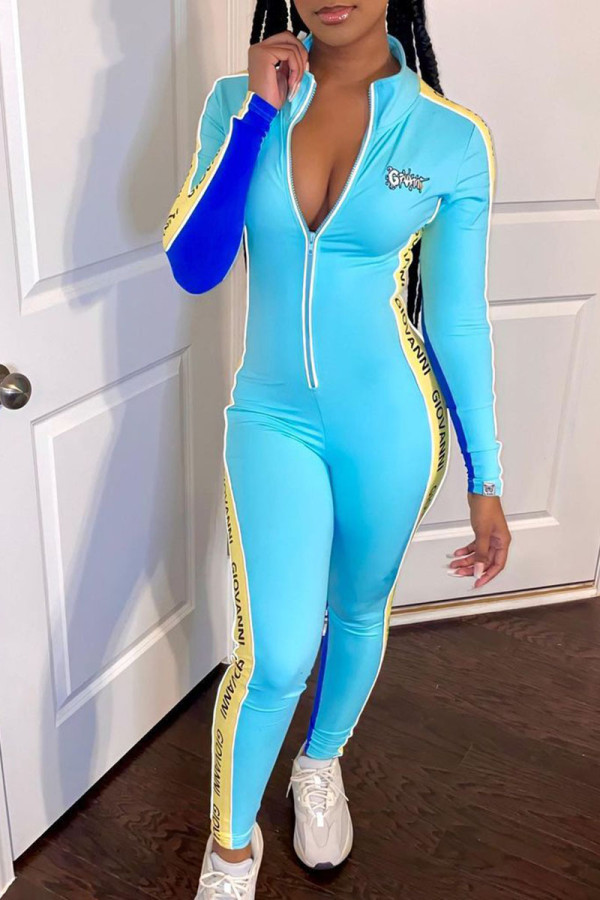 Sky Blue Casual Letter Print Patchwork Zipper Collar Skinny Jumpsuits