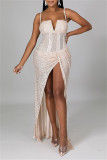 Apricot Sexy Patchwork Sequins Backless Beading Spaghetti Strap Evening Dress