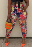 Red Street Print Tassel Patchwork Skinny High Waist Pencil Full Print Bottoms