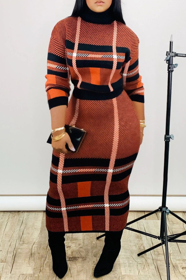 Tangerine Red Fashion Casual Print Basic O Neck Long Sleeve Two Pieces