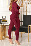 Red Casual Solid Draw String O Neck Long Sleeve Two Pieces