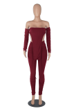 Burgundy Sexy Solid Split Joint Off the Shoulder Nine Points Sleeve Two Pieces