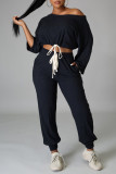 Deep Blue Fashion Casual Solid Bandage Off the Shoulder Long Sleeve Two Pieces