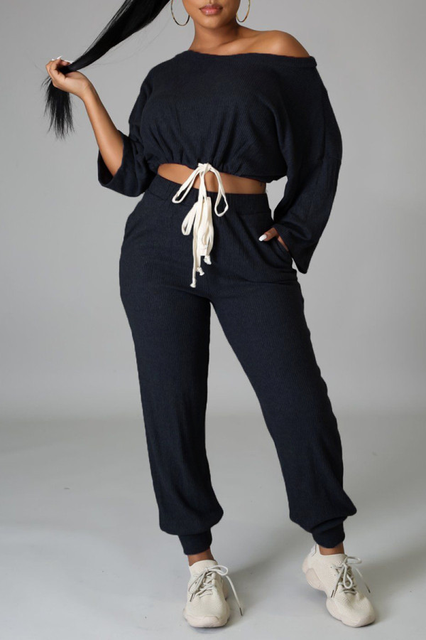 Deep Blue Fashion Casual Solid Bandage Off the Shoulder Long Sleeve Two Pieces