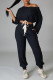 Deep Blue Fashion Casual Solid Bandage Off the Shoulder Long Sleeve Two Pieces