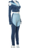 Blue Casual Solid Hollowed Out Patchwork Hooded Collar Long Sleeve Two Pieces