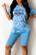 Blue Casual Print Patchwork O Neck Short Sleeve Two Pieces