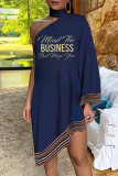 Tibetan Blue Fashion Casual Print Patchwork Halter Long Sleeve Irregular Dress