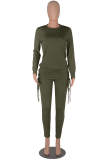 Red Casual Solid Draw String O Neck Long Sleeve Two Pieces