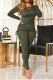 Army Green Casual Solid Draw String O Neck Long Sleeve Two Pieces