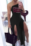 Black Sexy Casual Letter Solid Slit One Shoulder Sleeveless Dress