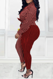 Red Casual Striped Patchwork Turndown Collar Long Sleeve Two Pieces