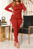 Red Casual Solid Draw String O Neck Long Sleeve Two Pieces