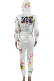 White Street Print Patchwork Hooded Collar Long Sleeve Two Pieces