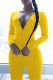 Yellow Sexy Print Patchwork Buttons V Neck Skinny Jumpsuits