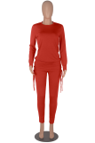 Red Casual Solid Draw String O Neck Long Sleeve Two Pieces
