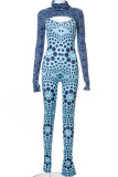 Blue Sexy Print Patchwork Turtleneck Long Sleeve Two Pieces