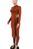 Brown Casual Solid Patchwork Slit O Neck Long Sleeve Two Pieces