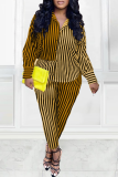 Yellow Casual Striped Patchwork Turndown Collar Long Sleeve Two Pieces
