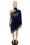 Tibetan Blue Fashion Casual Print Patchwork Halter Long Sleeve Irregular Dress